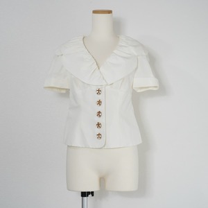 Salvatore Ferragamo Ferragamo short sleeves blouse cotton linen frill jacket ribbon white 