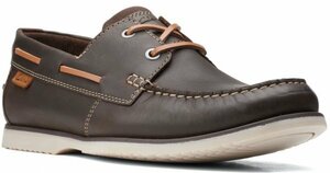 送料無料 Clarks 26cm ボートシューズ スリッポン ヌバックスニーカー ダーク ブラウン デッキ ビジネス フォーマル ローファー JJJ96