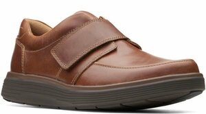 送料無料 Clarks 30cm ビジネス スニーカー ダークタン ブラウン ベルクロ ストラップ マジックテープ レザー ビジネス サンダル JJJ106