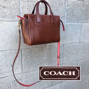 コーチ COACH レザー ブラウン ピンク ショルダーバッグ ハンドバッグ