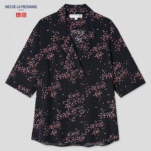 UNIQLO イネス フラミンゴ柄 レーヨンプリントオープンカラーブラウス