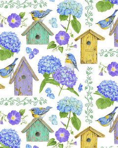 美しい廃盤生地です！USAコットン・紫陽花と小鳥達・巣箱・幸せの青い鳥・バードハウス・森の小道・アジサイ・１１０ｃｍｘ４５ｃｍ