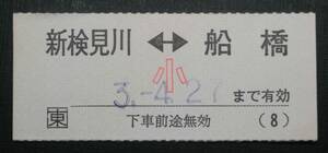 E59156　JR東日本　両矢式　乗車券　新検見川　船橋　小人　両矢式　h3.4.27　