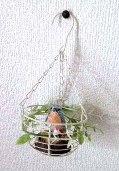 Miniature blue and pink bird in a cage wall decoration interior, Handmade items, interior, miscellaneous goods, ornament, object
