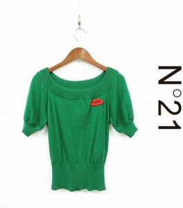 O133/美品 N°21 ヌメロヴェントゥーノ セーター ニット くちびる リップ 刺繍 ウール 38 M 緑