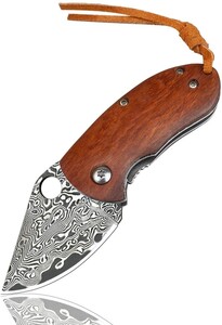 ★新品★AUBEY 小型 フォールディングナイフ 折りたたみナイフ ダマスカス ナイフ 折りたたみ 木製ハンドル アウトドア 釣り