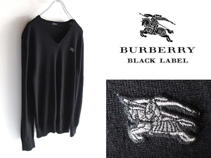 希少 BURBERRY BLACK LABEL バーバリーブラックレーベル ラメ糸ホースロゴ刺繍ワッペン ウール ハイゲージ Vネックニット 3 黒 三陽商会