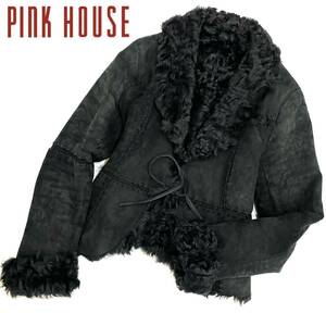  rare!!PINK HOUSE sheep leather fur real mouton lady's jacket (L) black outer Pink House 