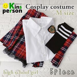 ラスト1点 新品 JK 制服 半袖 チェック柄プリーツミニスカート ネクタイ&ワッペン付き M コスプレ衣装 アキバ 女子高生 可愛い セクシー