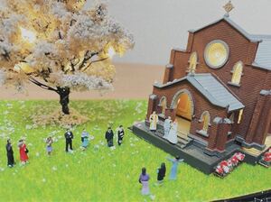桜と教会　昭和　ジオラマ　田舎の情景　レトロ　春の結婚式　LED 電飾　ライトアップ　ケース付