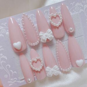 ジェルネイルチップ 量産型 ピンク×ホワイト 姫ネイル かわいい シンプル 韓国 ワンホン