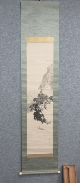 [Reproducción] 27246 Pergamino colgante Paisaje [Texto] Papel Sakuraishi con caja Paisaje Tokonoma Decoración Antigüedades Arte antiguo, Cuadro, pintura japonesa, Paisaje, viento y luna