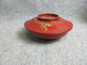 蒔絵 菓子鉢 [B30756] 高さ10cm 直径22cm 丸型 朱塗 扇に梅 菓子器 茶道具