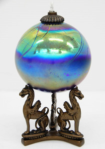 ○◎INTAGLIO ANTON ガラスオイルランプ サイン有り スフィア Blue Glass Globe 真鍮製 ペガサス 台座
