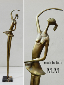 ◆◎イタリア製 サイン有り! M.M バレリーナ ブロンズ像 女性像 高さ46cm ジャコメッティ風 彫像 オブジェ 大理石台座