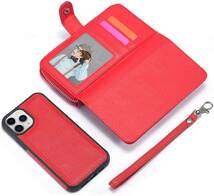 iPhone 13 pro レザーケース iPhone13 pro ケース アイフォン13 プロ カバー 手帳型 カード収納 ファスナー付き 財布型 赤_画像8