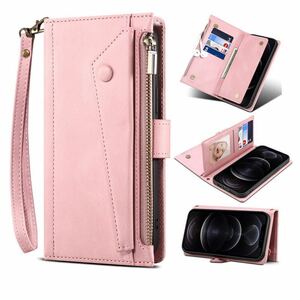 iPhone 11 leather case iPhone11 shoulder case iPhone 11 cover notebook type . purse attaching card storage with strap . pink 