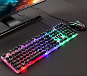 ゲーミングキーボード マウス セット商品 有線 機械的な触感 104キー 超薄型 防水設計 LEDバックライト おしゃれ ブラック