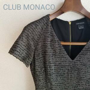 Club Monaco クラブモナコ ワンピース ひざ/ミディ丈 Vネック 半袖 歯ウエスト ボックスプリーツ 裏地 MIXカラー ブラック サイズ0 a15