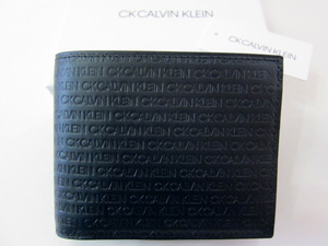 新品 CK CALVIN KLEIN カルバンクライン モノグラム型押し牛革2つ折り財布 ネイビー 送料無料
