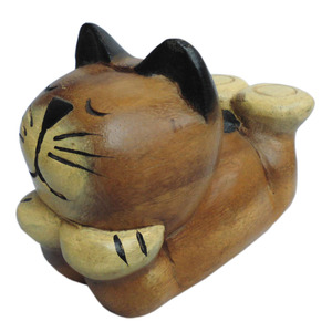 ■☆アジアン雑貨　木彫りネコ(寝ころび猫 小)（CAT-42）