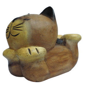 ■☆アジアン雑貨　木彫りネコ(寝ころび猫 大)（CAT-40）