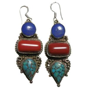 #* Asian miscellaneous goods ne pearl silver worker natural stone metal earrings turquoise * mountain coral * lapis lazuli (MTP-2)