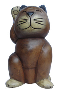 ■☆アジアン雑貨　木彫りネコ(招きねこ・大)（CAT-35）