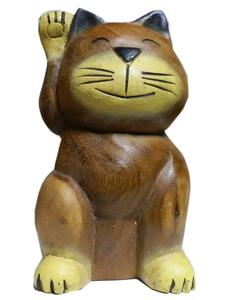 ■☆アジアン雑貨　木彫りネコ(招きねこ・中) CAT-2