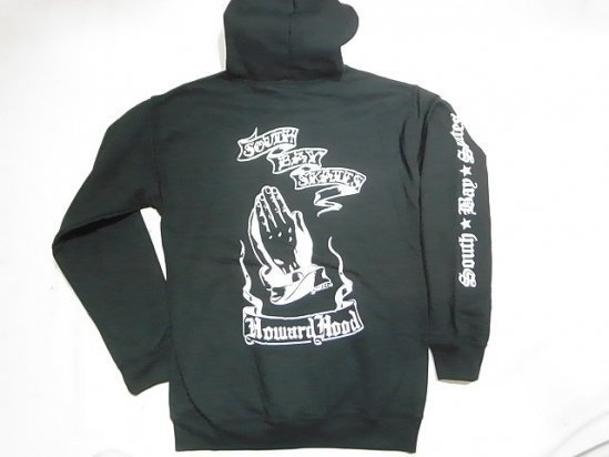 JB即決 SOUTH BAY SKATES サウスベイスケート 袖プリ バックプレイハンド & フロント小STARSロゴ プルオーバーフードスウェット 黒 XL 新品