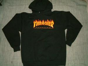 JB即決　アメリカ直輸入　THRASHER スラッシャー　US FLAME フレイム ロゴ フードスウェット パーカー 黒 Lサイズ 新品