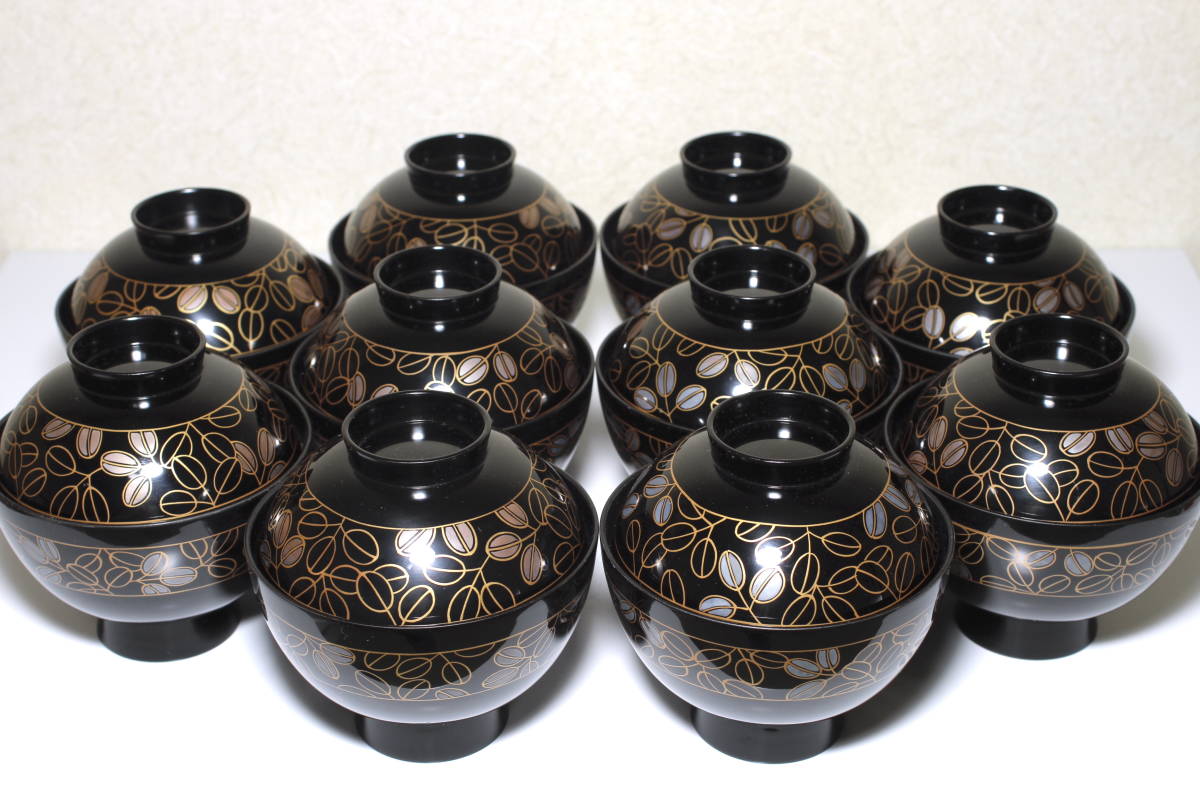 美品 4客 鶴亀の象嵌蓋付椀 時代の漆器 - 食器