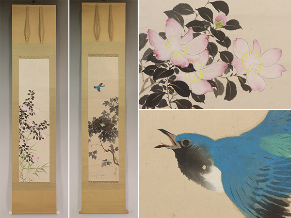 [Authentic work] Tsukasa Miyata [Double width, Peony mountain tea flower and small birds] ◆ Silk book ◆ Same box ◆ Hanging scroll v09117, painting, Japanese painting, flowers and birds, birds and beasts