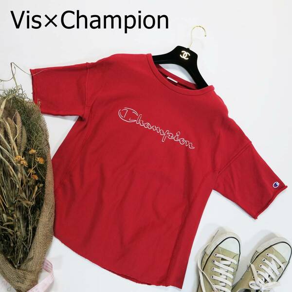 Vis×Champion ビス チャンピオン コラボTシャツ 半袖スウェット サイズM レッド 赤 胸ロゴ 袖ロゴ 刺繍ロゴ カットオフ スポーティ 4083