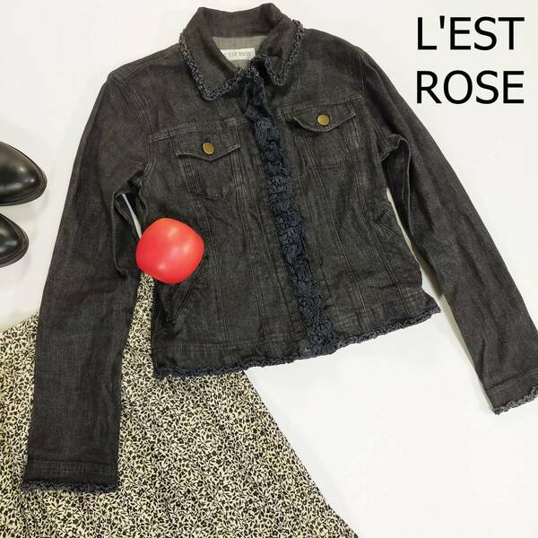 L'EST ROSE レストローズ デニムジャケット サイズM グレー 灰色 襟フリル 胸ポケット 襟付き Gジャン ショート丈 かわいい 3878