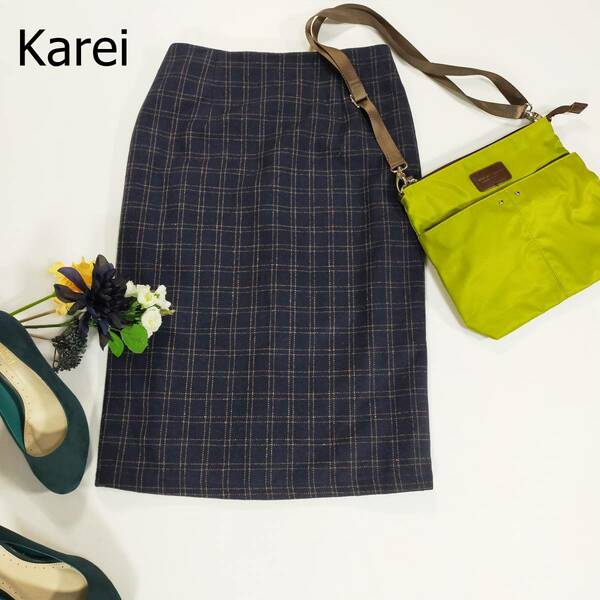 Karei カレイ タイトスカート サイズM ネイビー 紺 チェック ひざ下丈 スリット シンプル かわいい ポリエステル100％ ストレート 3877