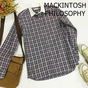 MACKINTOSH PHILOSOPHY マッキントッシュフィロソフィー クレリックシャツ サイズ38 M パープル グレー チェック 胸ポケット 長袖 3872