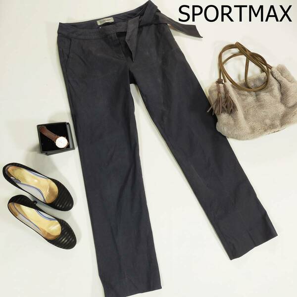 SPORTMAX スポーツマックス マックスマーラ カジュアルパンツ サイズ42 XL ネイビー 紺 腰リボン イタリア製 ストレート 3663