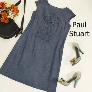 Paul Stuart ポールスチュアート ワンピース サイズ6 M ブルー 青 ひざ丈 刺繍 麻混 ノースリーブ シンプル かわいい 爽やか 3661