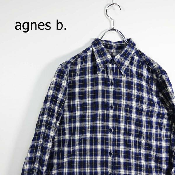 agnes b. アニエスベー 長袖シャツ サイズ2 M ブルー ホワイト 青 白 チェック 綿100％ 胸ポケット シンプル かわいい 爽やか 襟 5631