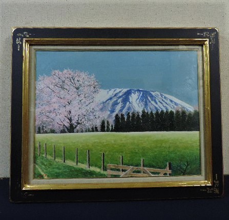 Iwate Koiwai Farm Single Cherry Blossom and Mt. Iwate Keijiro Fujiwara P10 Oil Painting Landscape Painting Spring Snow Cherry Blossoms Tohoku Morioka Old House Cafe Interior 2014.3.12 Sign Reproduction, painting, oil painting, Nature, Landscape painting