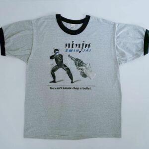 リンガー SCREEN STARS XL 1985年 アメリカ製 忍者 NINJYA 杢グレー ビンテージ vintage LAで購入 $98 面白 Tシャツ レトロ 古着 JRENTERP