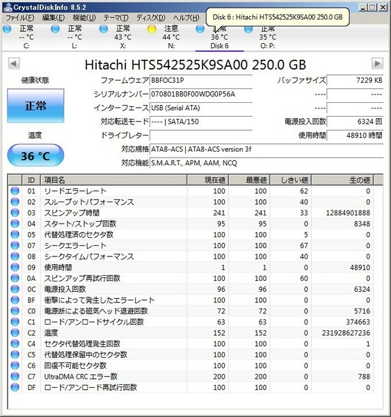 250GB HDD HITACHI CrystalDiskInfoで正常評価 2.5インチ SATA