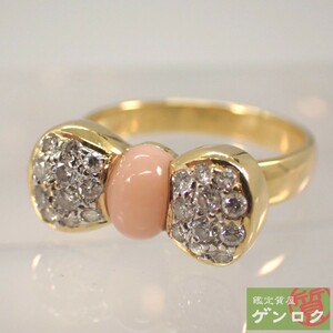 [ used ] Ponte Vecchio Ribon motif 750(K18) diamond coral pink ring * ring 11.5 number ..Ponte Vecchio[ pawnshop ]