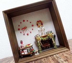 (*BM)[ gratitude special price ] doll house ④ wooden clock wall clock analogue 2 hands glass X'mas Christmas fireplace dog height 24.8× width 24.8. display 