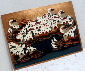 Art hand Auction (☆BM) [Special price for appreciation] Greek/copper art landscape painting MADE IN GREECE Handmade 42.5cm long x 57cm wide Antique Retro Sculpture, Metal crafts, Copper, others