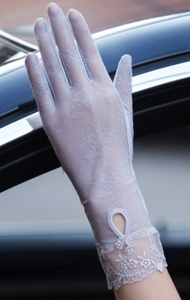 レディース UVカット日焼止め　水滴デザインレース手袋（F06A)グレー