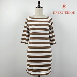  beautiful goods DRESSTERIOR Dress Terior square neck border 7 minute sleeve cut and sewn lady's beige size M*QA1758
