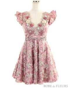 robe de fleurs3Dフラワーモチーフ×ラメ刺繍レースフレアミニドレスピンク