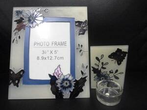  photo frame & candle holder set photograph length glass butterfly ..